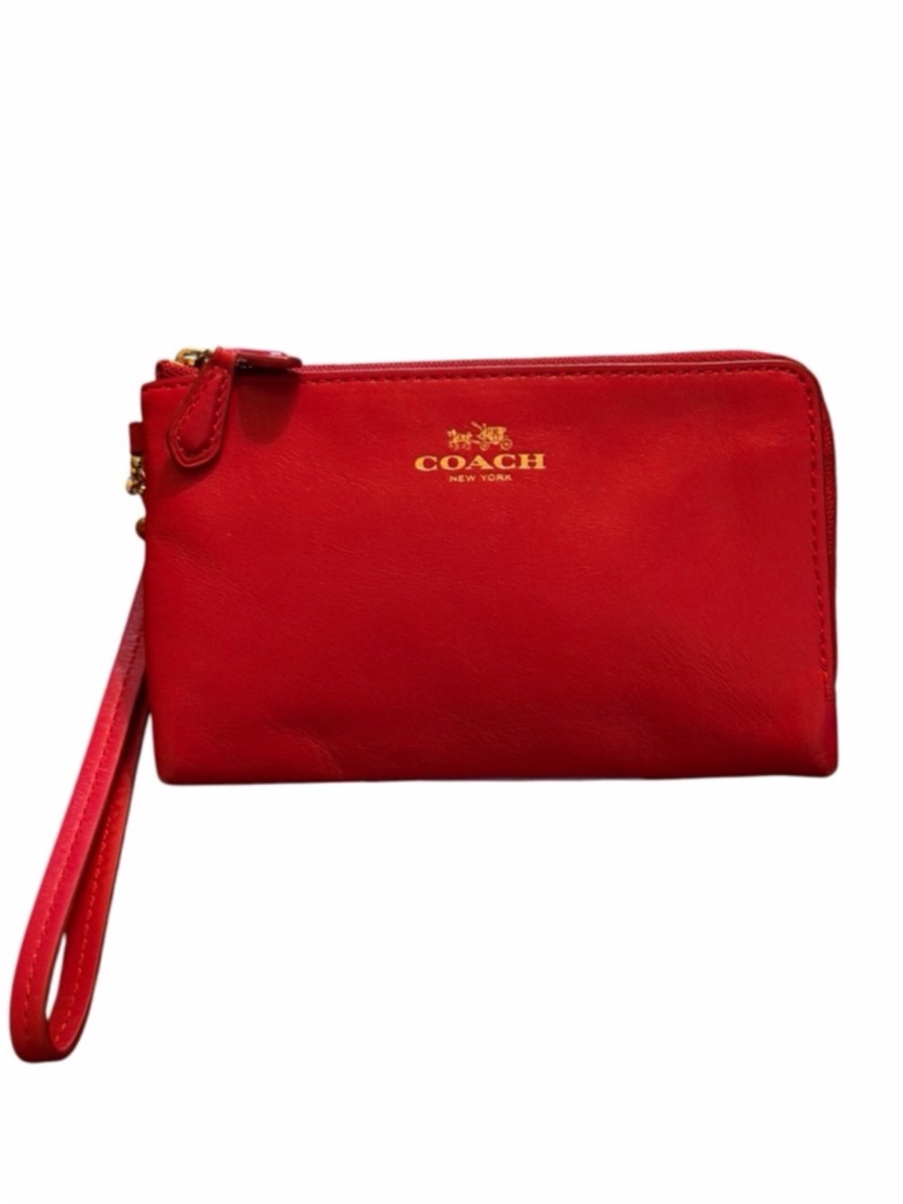 Coach Red Leather Wristlet Clutch with Gold Logo Double Zipper